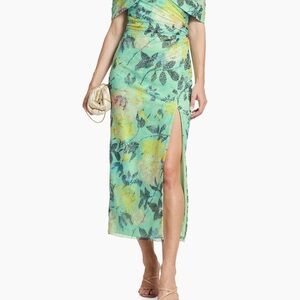 Monique Lhuillier Allie green off the shoulder dress with slit